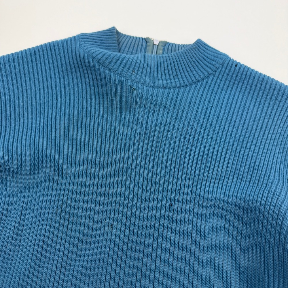 Vintage 60s Sweater Womens 14 Blue Ribbed Wool Made in Hong Kong Zip - Picture 9 of 13